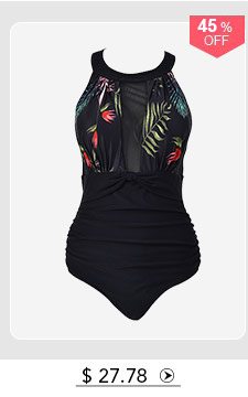 Ruched Tropical Print Black One Piece Swimwear