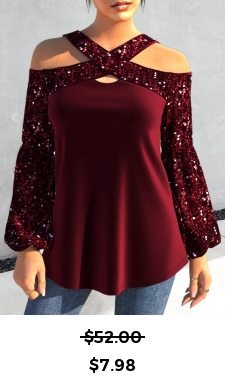 ROTITA Sequin Wine Red Cross Collar T Shirt
