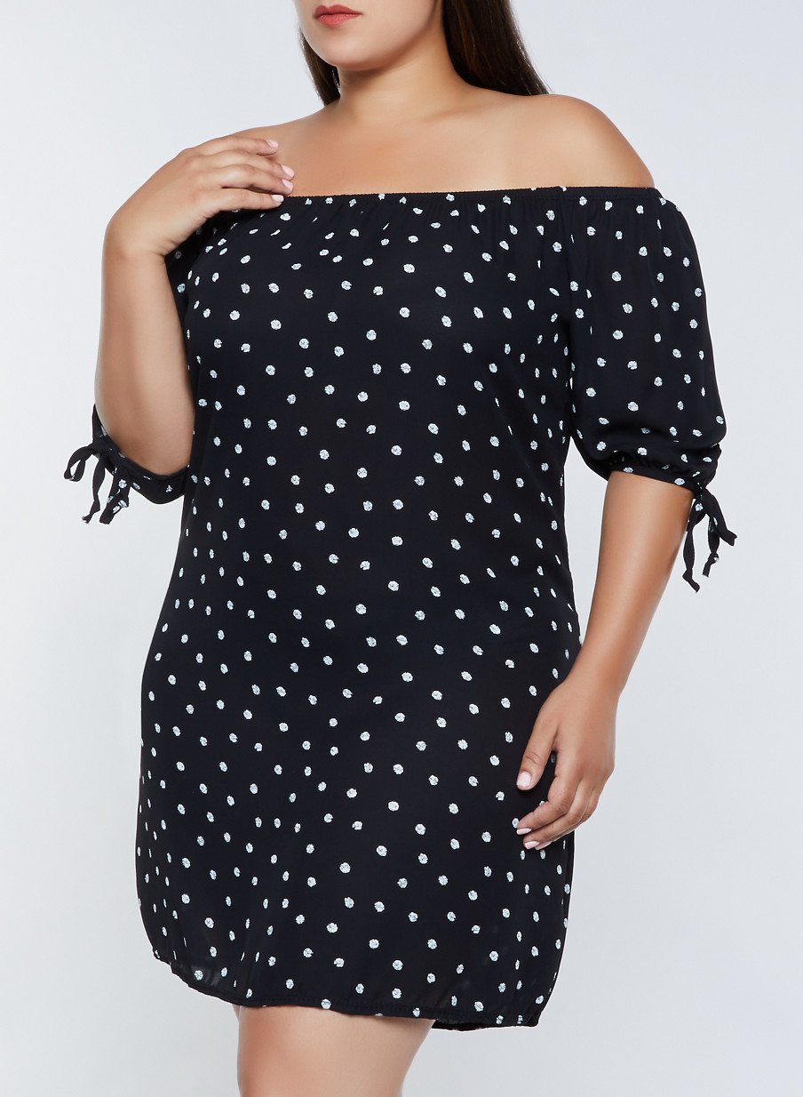 Plus Size Abstract Dot Print Off the Shoulder Dress