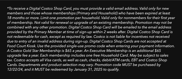 Digital Costco Shop Card Disclaimer | Terms & Conditions Apply - See Website for Details