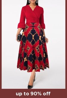 ROTITA Patchwork Tribal Print Wine Red Cross Collar Dress