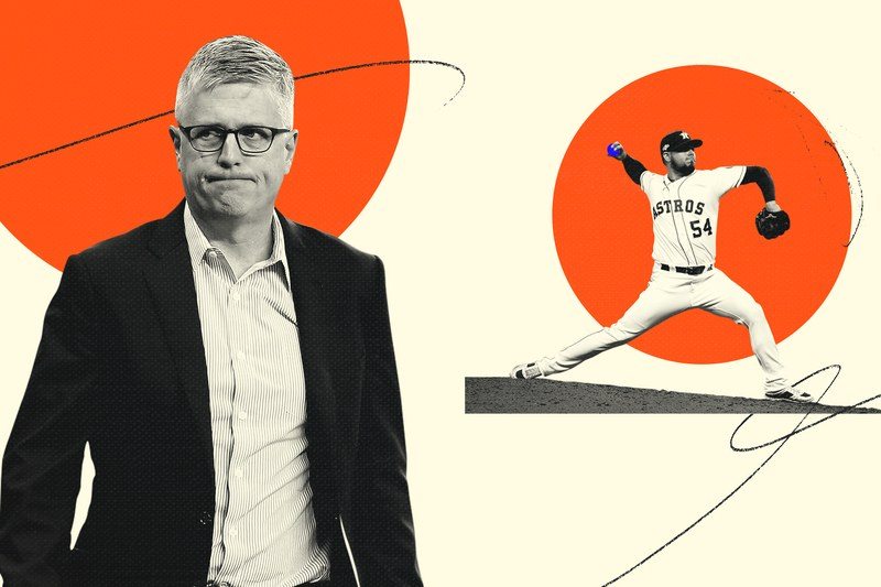 Collage of Houston Astros player Roberto Osuna and general manager Jeff Luhnow