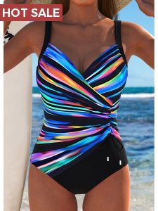 ROTITA Surplice Black Dazzle Colorful Print One Piece Swimwear