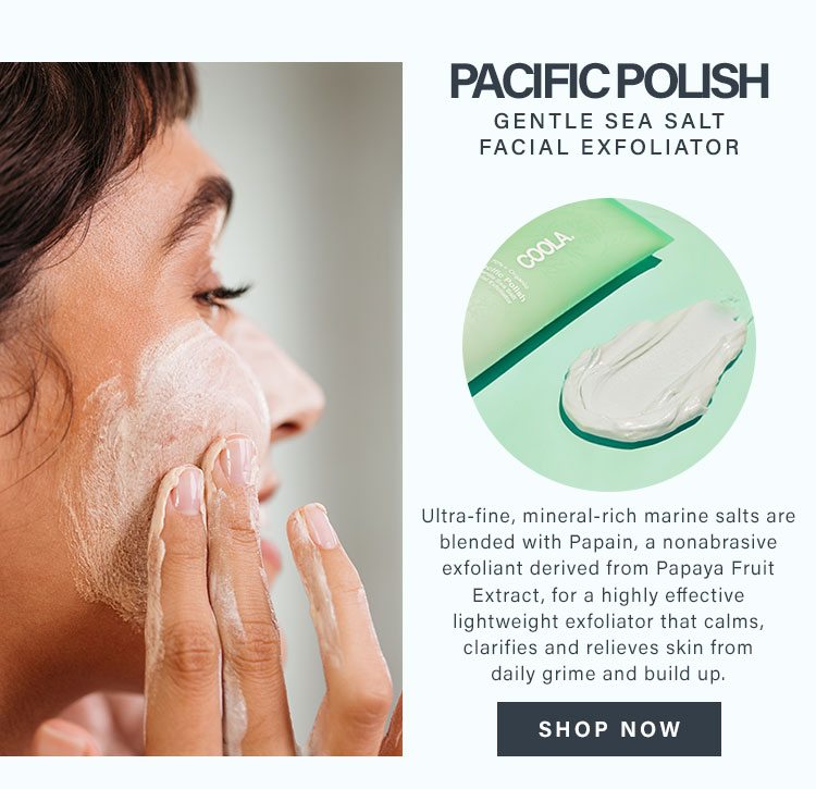 Pacific Polish Gentle Sea Salt Facial Exfoliator. Ultra-fine, mineral-rich marine salts are blended with Papain, a nonabrasive exfoliant derived from Papaya Fruit Extract, for a highly effective lightweight exfoliator that calms, clarifies and relieves skin from daily grime and build up. Shop now.