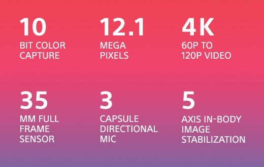 10 BIT COLOR CAPTURE | 12.1 MEGA PIXELS | 4K 60P to 120P VIDEO | 35 MM FULL FRAME SENSOR | 3 CAPSULE DIRECTIONAL MIC | 5 AXIS IN-BODY IMAGE STABILIZATION