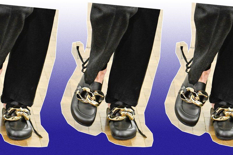 A repeated collage of a pair of loafers on a blue background