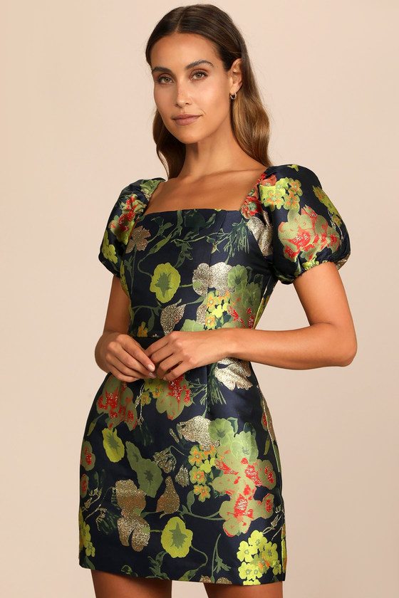 Image of So Stunning Navy Blue Floral Jacquard Puff Sleeve Mini Dress