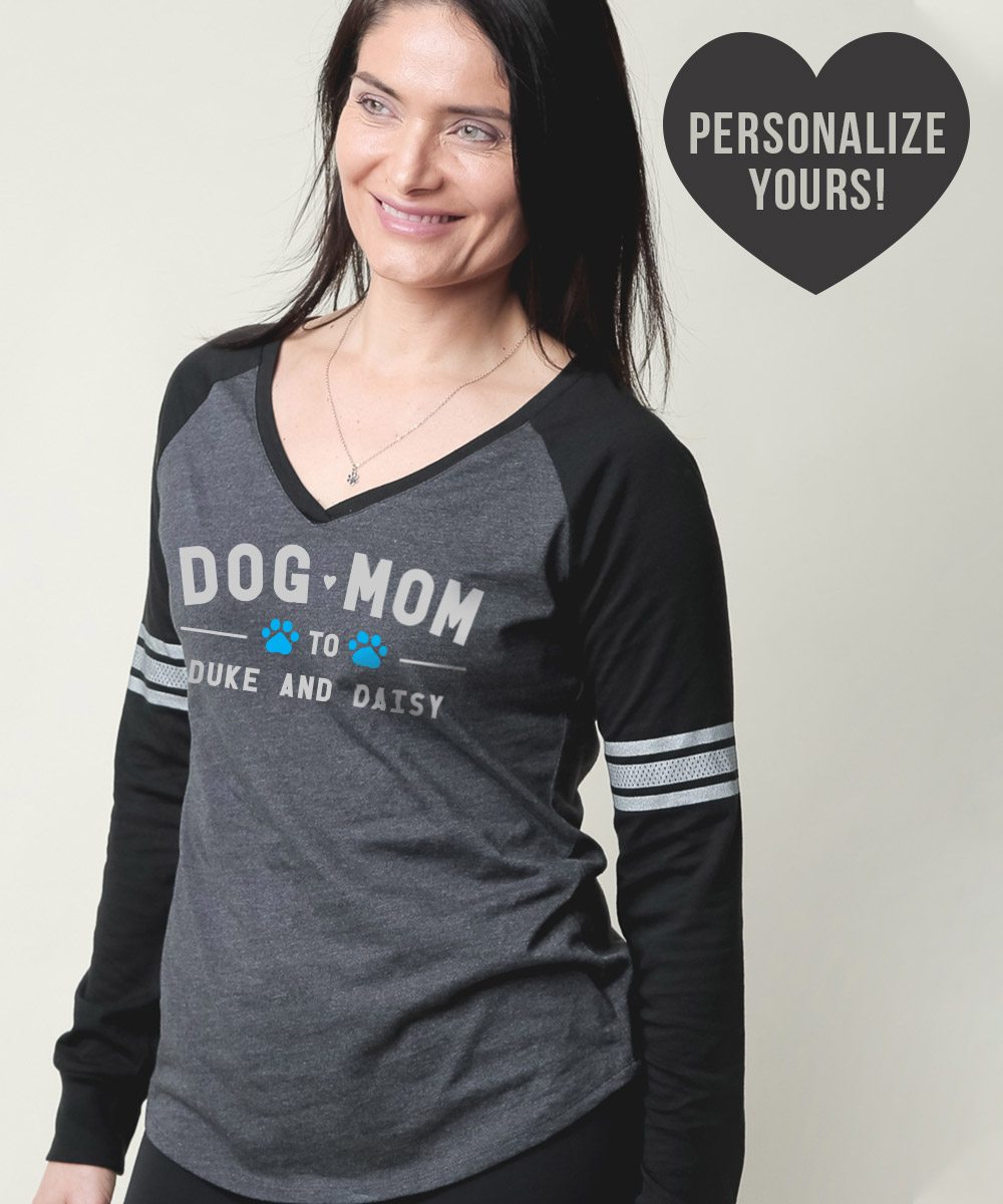 Image of Dog Mom Personalized Varsity V-Neck Long Sleeve