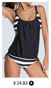 Stripe Print Black Spaghetti Strap Tankini Swimwear