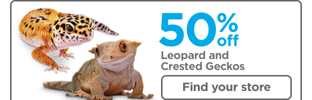 50% off Leopard and Crested Geckos. Find your store. 