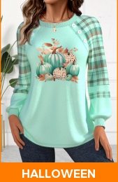 Halloween Mint Green Button Long Sleeve Round Neck Sweatshirt