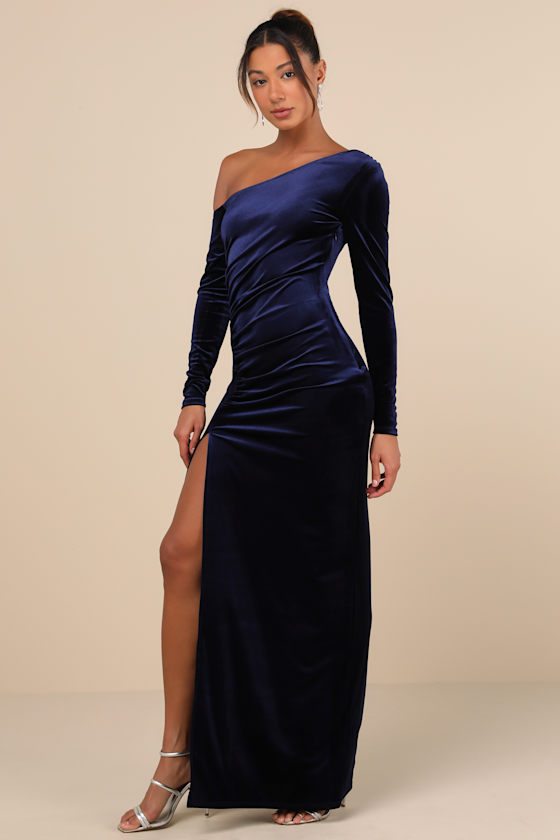 Image of Notorious Icon Navy Blue Velvet Asymmetrical Maxi Dress