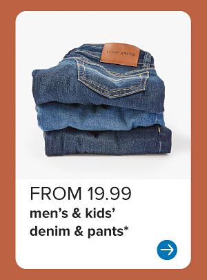 A stack of folded jeans. From 19.99 men's and kids' denim and pants.