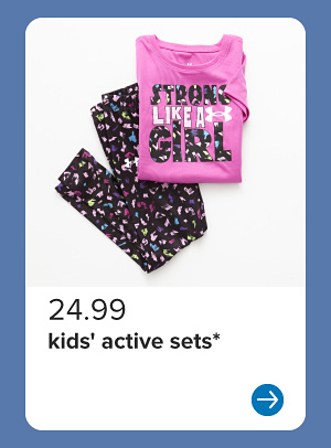 Image of a pink graphic tee and black leggings. $24.99 kids' active sets.