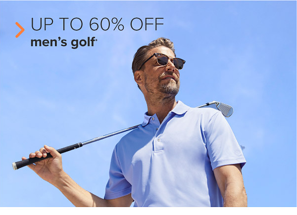 A man in a blue polo holds a golf club over his shoulder. Up to 60% off men's golf. 