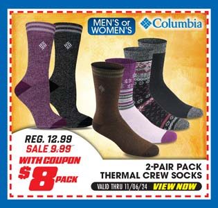 Columbia Men's or Women's 2-Pair Thermal Crew Socks 