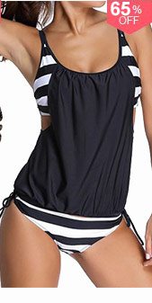 Stripe Print Black Spaghetti Strap Tankini Swimwear