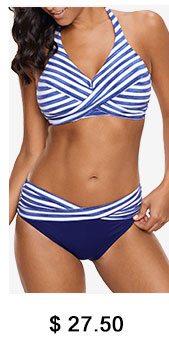 Halter Striped Twist Front Blue Bikini Set