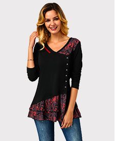 Printed V Neck Button Front T Shirt