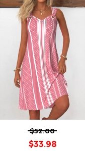 ROTITA Breathable Striped Pink A Line V Neck Sleeveless Dress