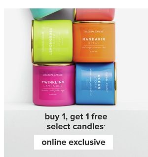 Assortment of candles. Buy 1, get 1 free select candles.