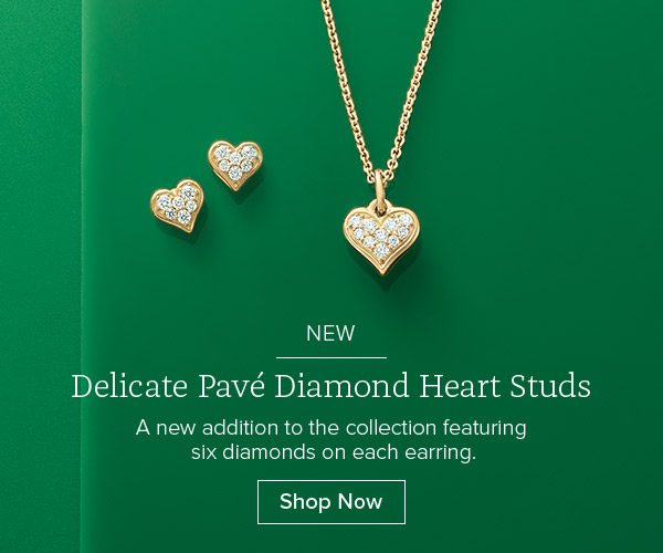 NEW Delicate Pavé Diamond Heart Studs - A new addition to the collection featuring six diamonds on each earring. Shop Now