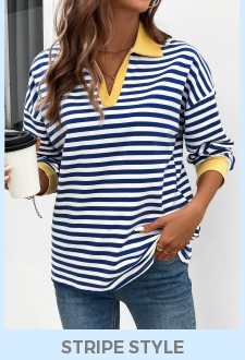 ROTITA Patchwork Striped Navy Turn Down Collar T Shirt