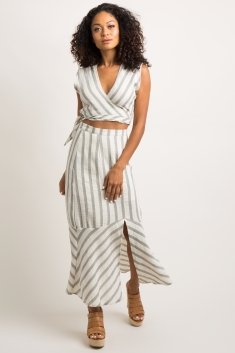 Grey Striped Tie Front Midi Skirt Set
