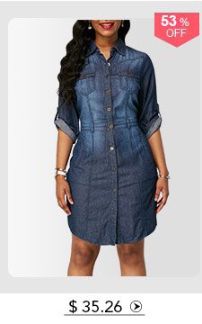 Turndown Collar Roll Tab Sleeve Denim Dress