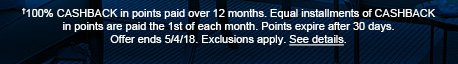 †100% CASHBACK in points paid over 12 months. Equal installments of CASHBACK in points are paid the 1st of each month. Points expire after 30 days. Offer ends 5/4/18. Exclusions apply. See details.