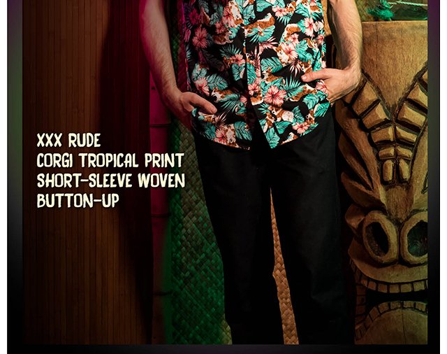 XXX Rude Corgi Tropical Print Short Sleeve Woven Button-Up