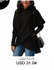 Pocket Black Asymmetric Hem Long Sleeve Hoodie