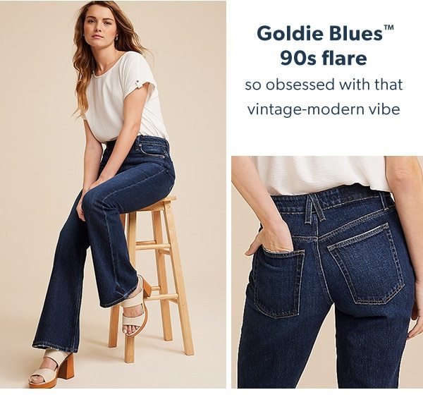 Goldie Blues™ 90s flare. So obsessed with that vintage-modern vibe. Model wearing maurices clothing.