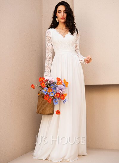 A-Line V-neck Floor-Length Chiffon Bridesmaid Dress With Lac...