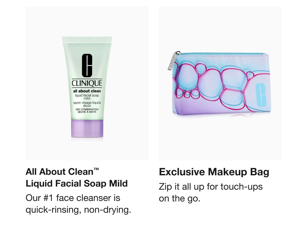 All About Clean™ Liquid Facial Soap Mild | Our #1 face cleanser is quick-rinsing, non-drying. | Exclusive Makeup Bag | Zip it all up for touch-ups on the go.