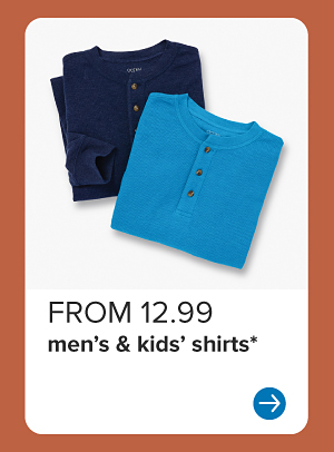 Dark and bright blue shirts. From 12.99 men's and kids' shirts.