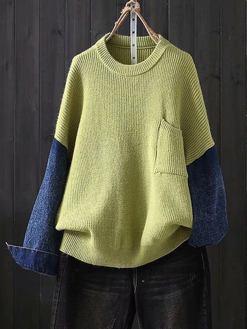 Solid Patchwork Denim Sweater