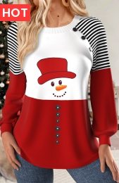 Christmas Multi Color Patchwork Snowman Print Long Sleeve Sweatshirt