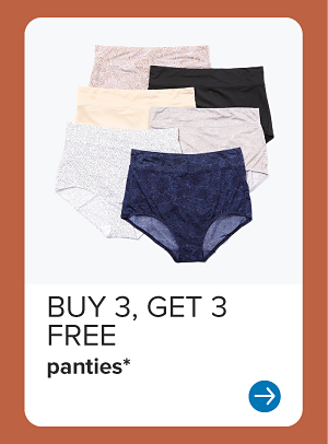 Panties in pink, black, beige, gray, white and blue. Buy three, get three free panties.