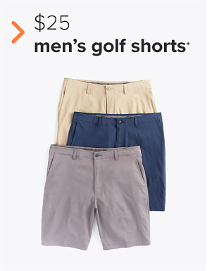 Men's golf shorts in khaki, blue and gray. $25 men's golf shorts. 