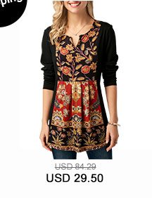 Printed Black Split Neck Long Sleeve Blouse