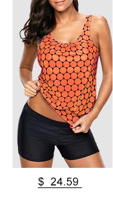 Printed Scoop Neck Orange Tankini Top and Shorts