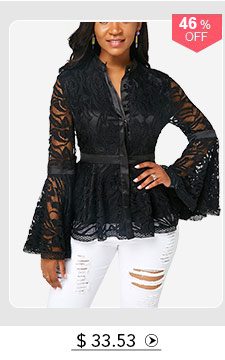 Flare Sleeve Button Front Black Lace Blouse