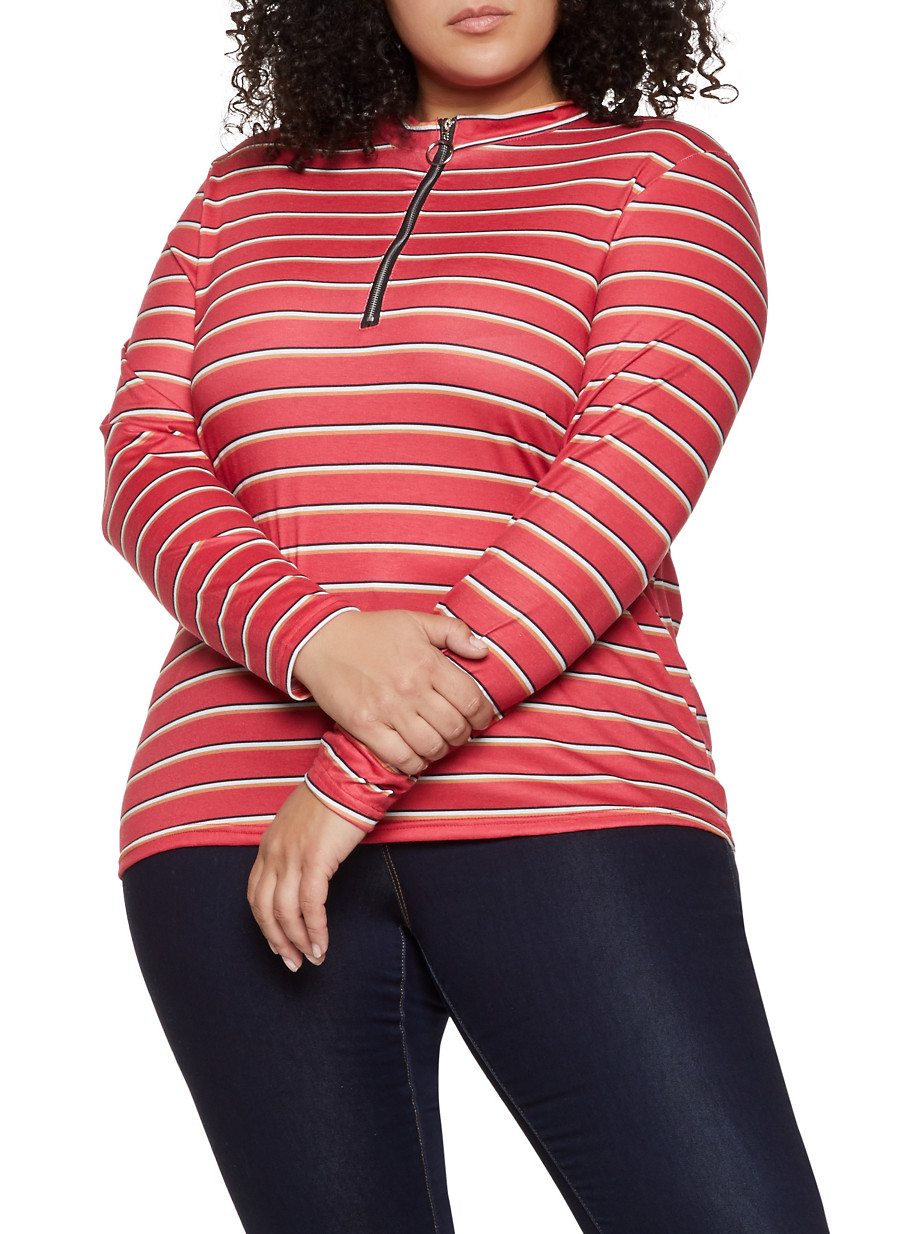 Plus Size Striped Zip Neck Top