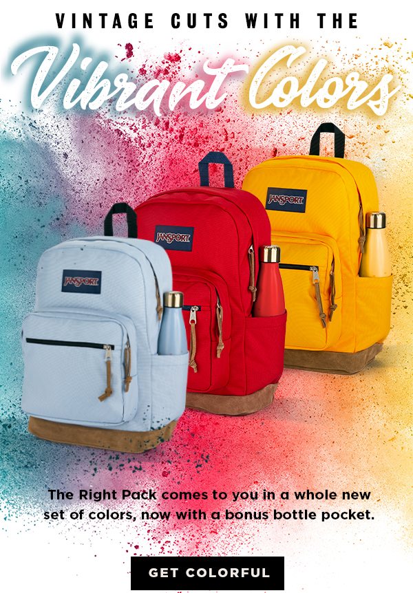 VINTAGE CUTS WITH THE Vibrant Colors The Right Pack comes to you in a whole new set of colors, now with a bonus bottle pocket. GET COLORFUL