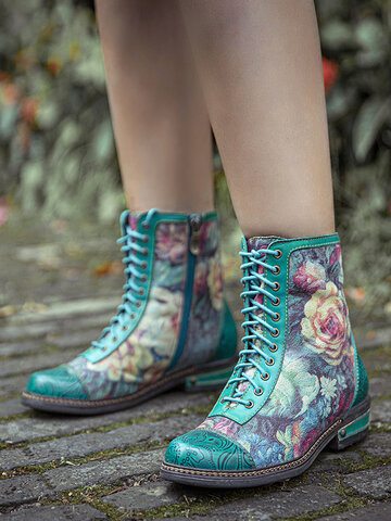 Socofy Retro Floral Print Combat Boots