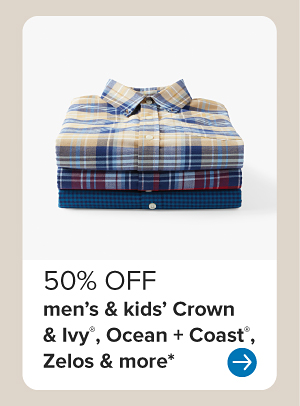 Image of various button down shirts. 50% off kids' and men's Crown and Ivy, Ocean and Coast, Zelos and more.