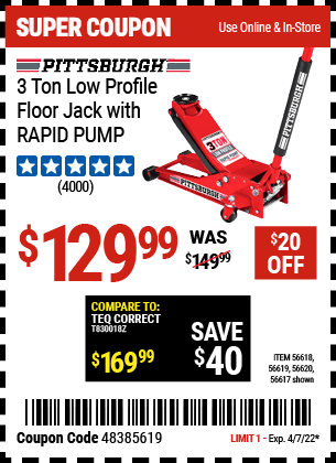 3 ton Low Profile Floor Jack with RAPID PUMP