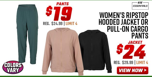 Fit Essentials Women's Ripstop Hooded Jacket or Pull-On Cargo Pants