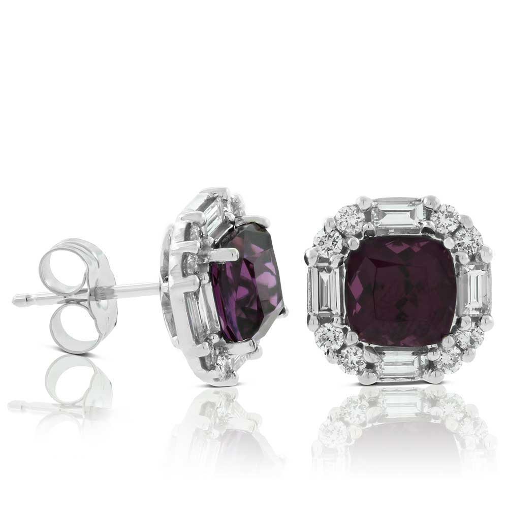 Purple Garnet & Diamond Stud Earrings 14K